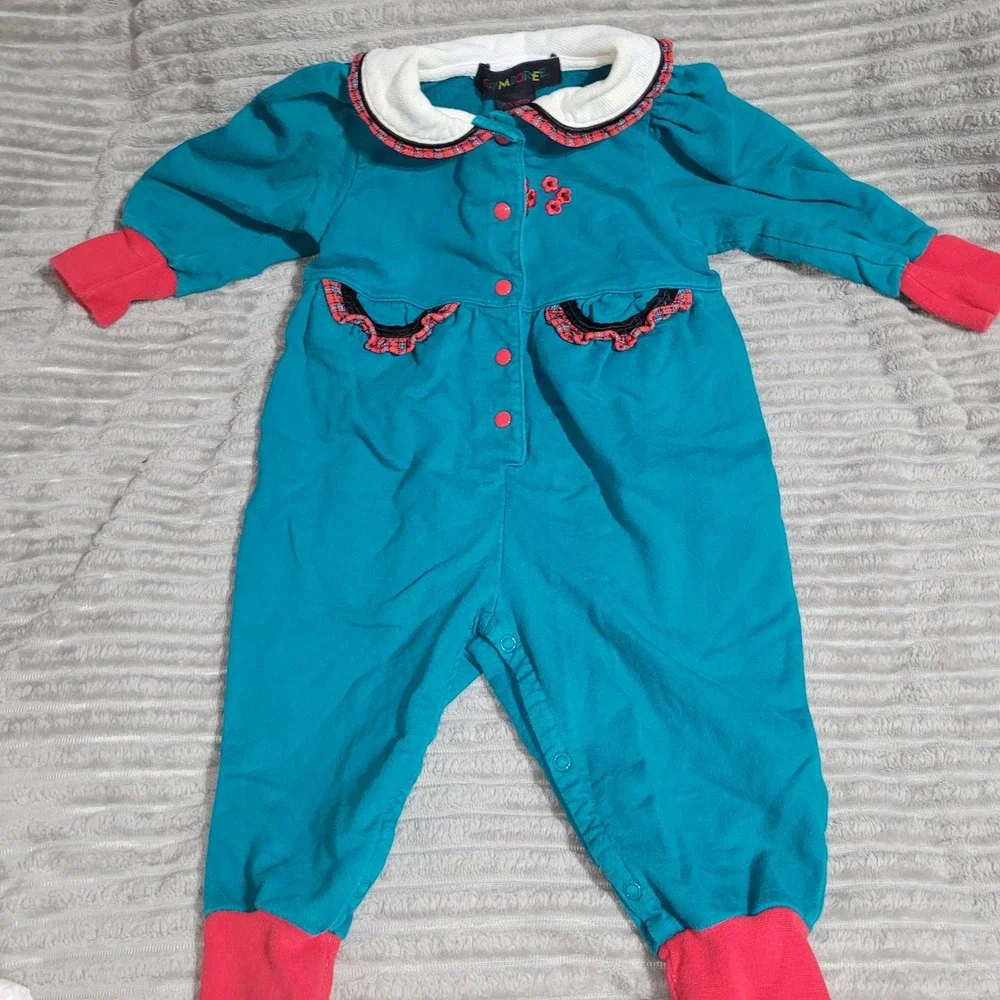Vintage Gymboree Infant Teal Cotton Romper Floral Ruffle Peter Pan Collar 90s